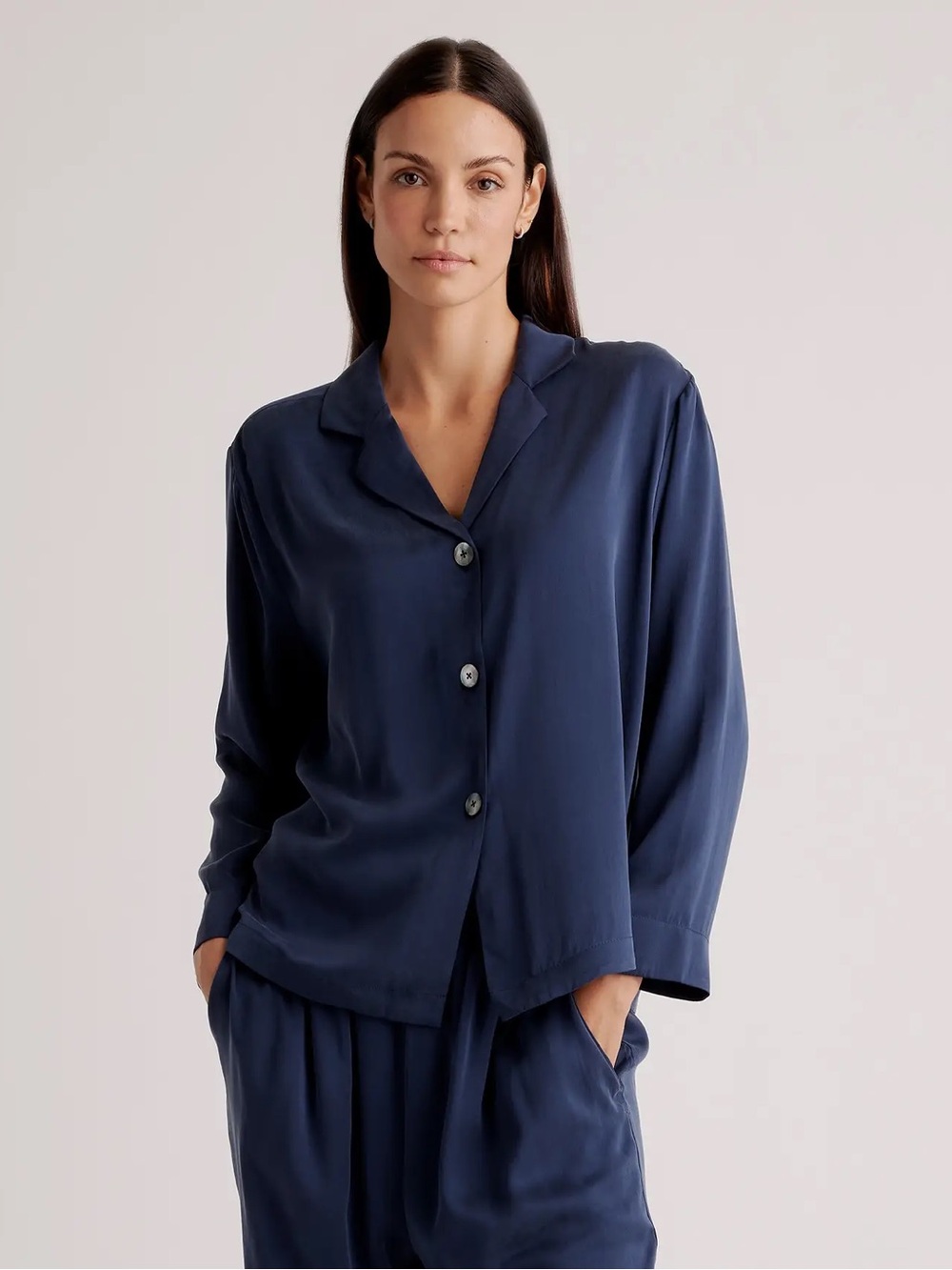 Quince 100% Washable Silk Pajama Long Sleeve Top Indigo Blue S